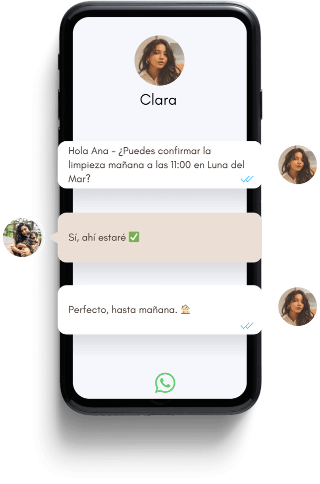 Conversación de WhatsApp mostrando Clara confirmando una limpieza con Ana